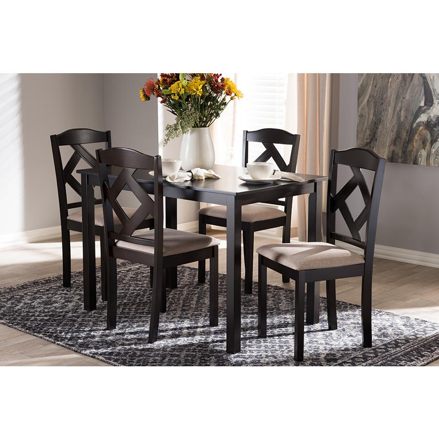 Beige Fabric Upholstered and Dark Brown Finished 5-Piece Dining Set. Picture 15