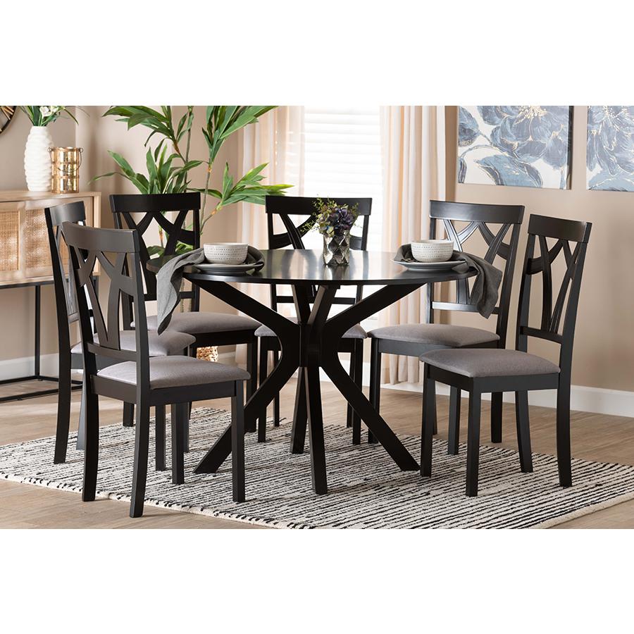 Luise Modern Grey Fabric and Dark Brown Finished Wood 7-Piece Dining Set. Picture 21