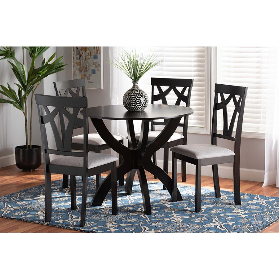 Grey Fabric Upholstered and Dark Brown Finished Wood 5-Piece Dining Set. Picture 21