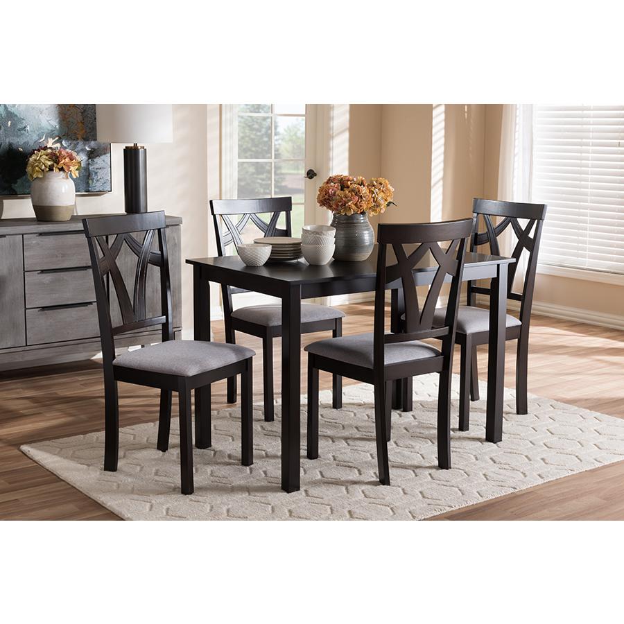 Grey Fabric Upholstered and Dark Brown Finished 5-Piece Dining Set. Picture 15