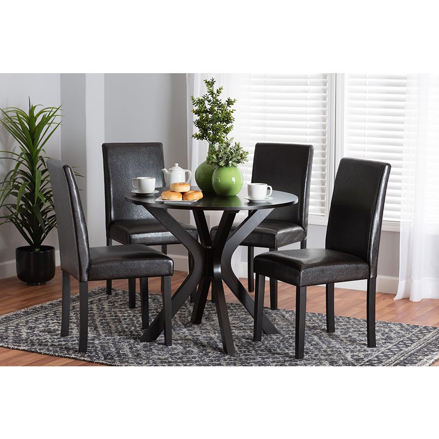 Asli Modern Espresso Brown Faux Leather and Wood 5-Piece Dining Set. Picture 21