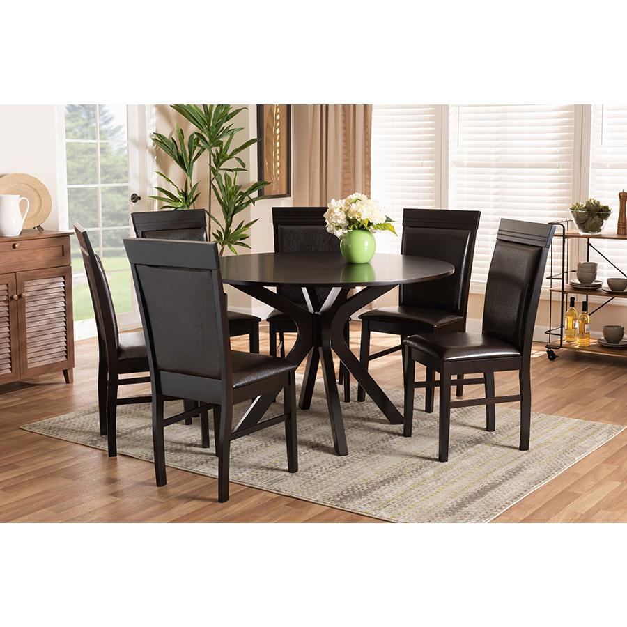 Leather Upholstered and Dark Brown Finished Wood 7-Piece Dining Set. Picture 19