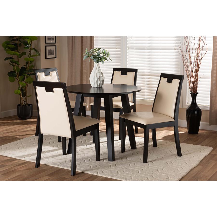 Beige Faux Leather Upholstered and Dark Brown Finished Wood 5-Piece Dining Set. Picture 19