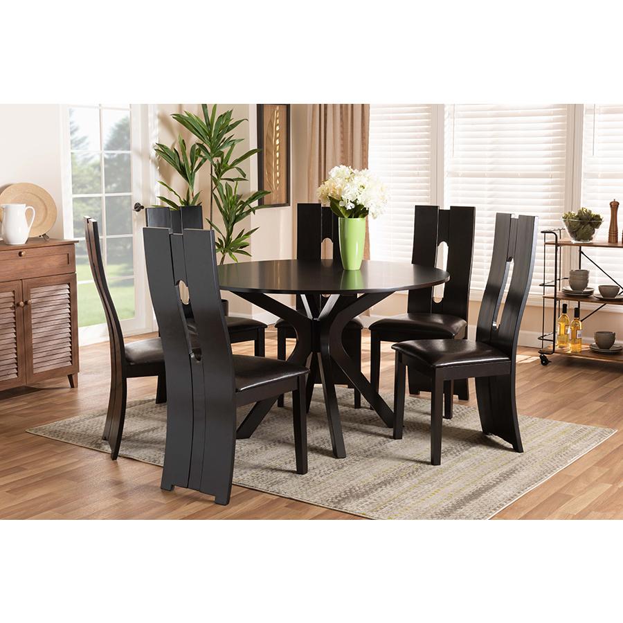 Leather Upholstered and Dark Brown Finished Wood 7-Piece Dining Set. Picture 19