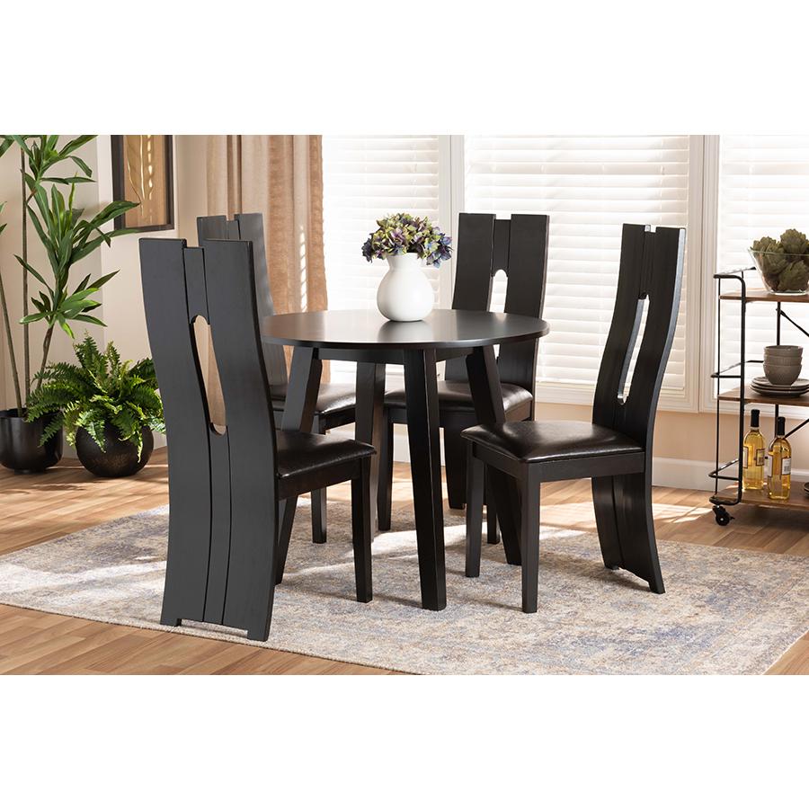 Leather Upholstered and Dark Brown Finished Wood 5-Piece Dining Set. Picture 19