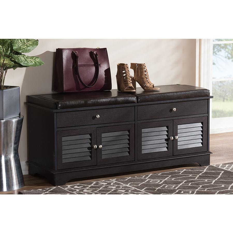 Leo Modern and Contemporary Dark Brown Wood 2-Drawer Shoe Storage Bench. Picture 21
