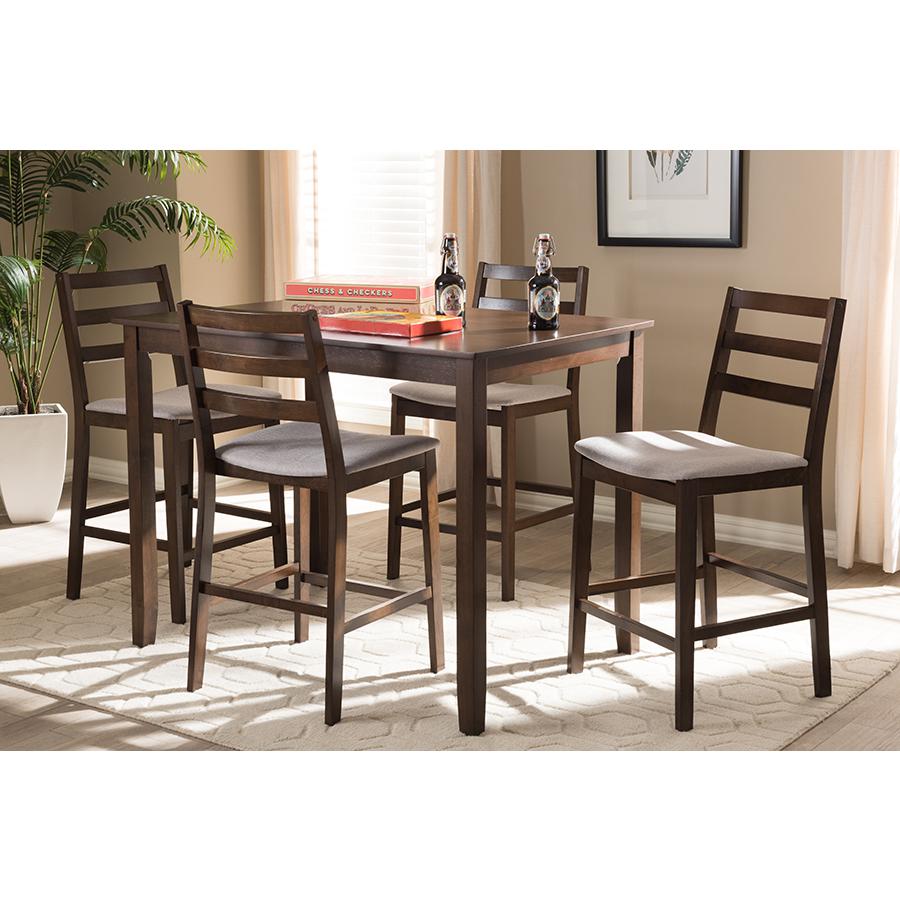 Walnut-Finished Light Grey Fabric Upholstered 5-Piece Pub Set. Picture 13