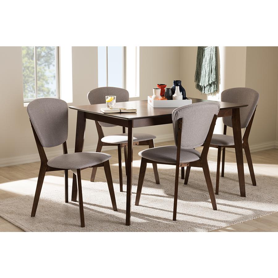 Walnut-Finished Light Grey Fabric Upholstered 5-Piece Dining Set. Picture 13