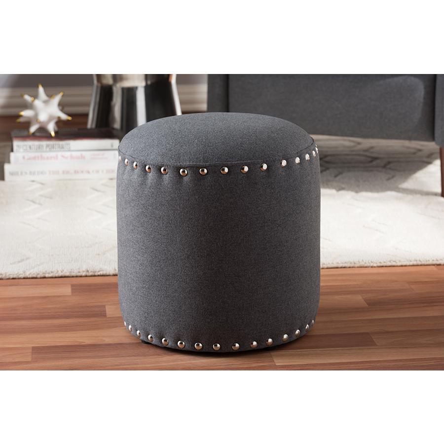 Rosine Modern and Contemporary Dark Grey Fabric Upholstered Nail Trim Ottoman. Picture 11