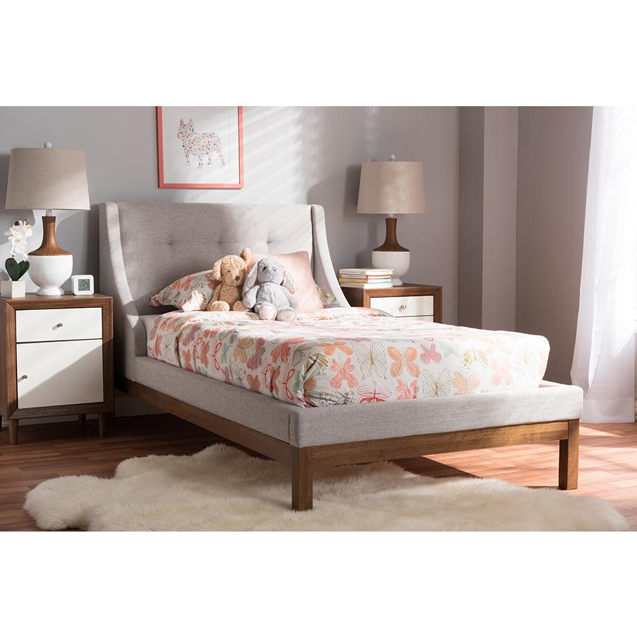 Greyish Beige Fabric Upholstered Walnut-Finished Twin Sized Platform Bed. Picture 17