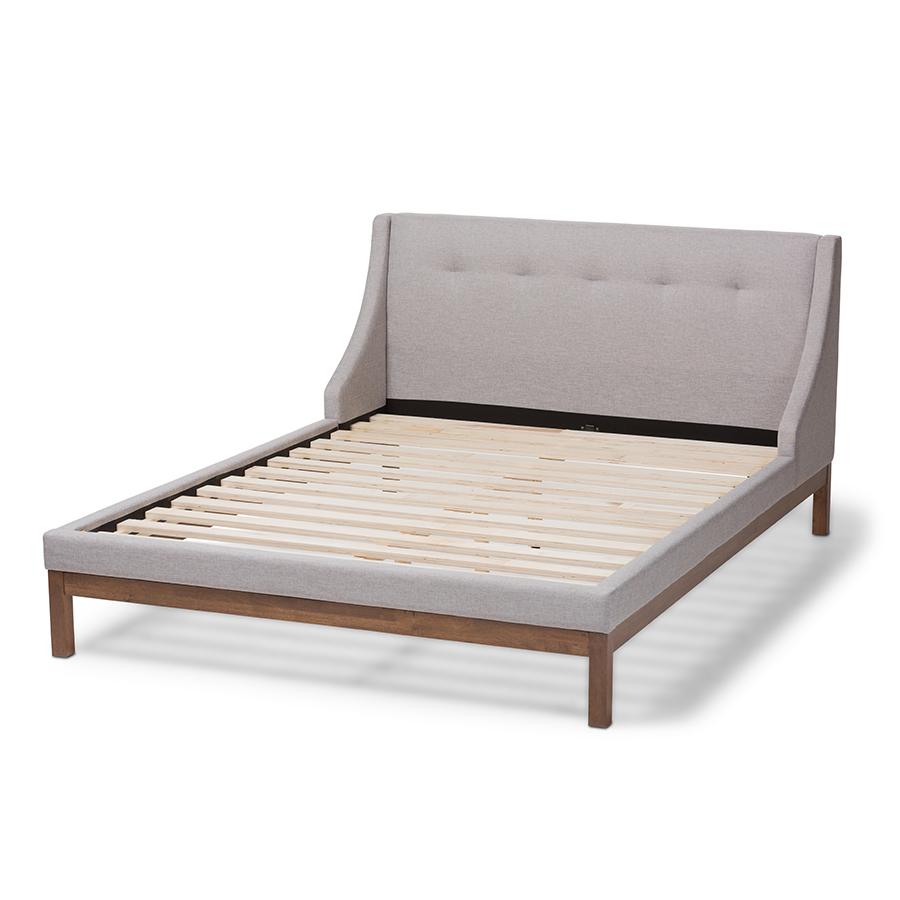 Greyish Beige Fabric Upholstered Walnut-Finished Queen Sized Platform Bed. Picture 3
