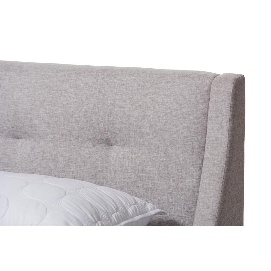 Greyish Beige Fabric Upholstered Walnut-Finished Queen Sized Platform Bed. Picture 4