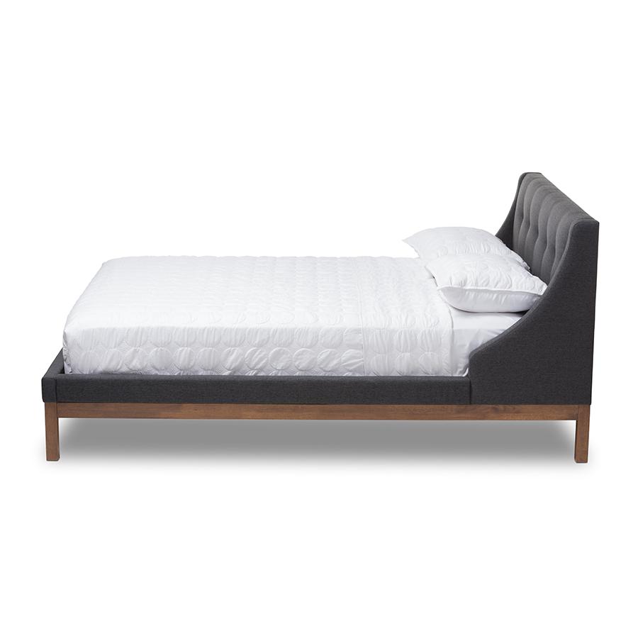 Dark Grey Fabric Upholstered Walnut-Finished Queen Sized Platform Bed. Picture 2