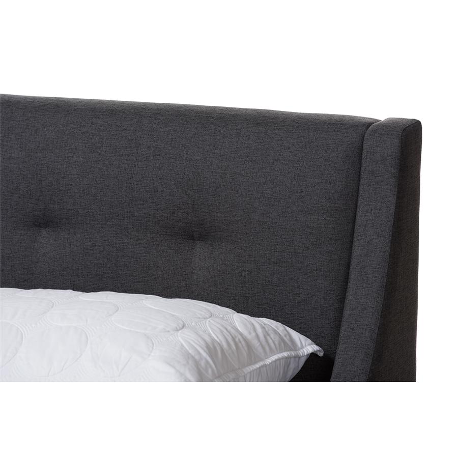 Dark Grey Fabric Upholstered Walnut-Finished Queen Sized Platform Bed. Picture 4