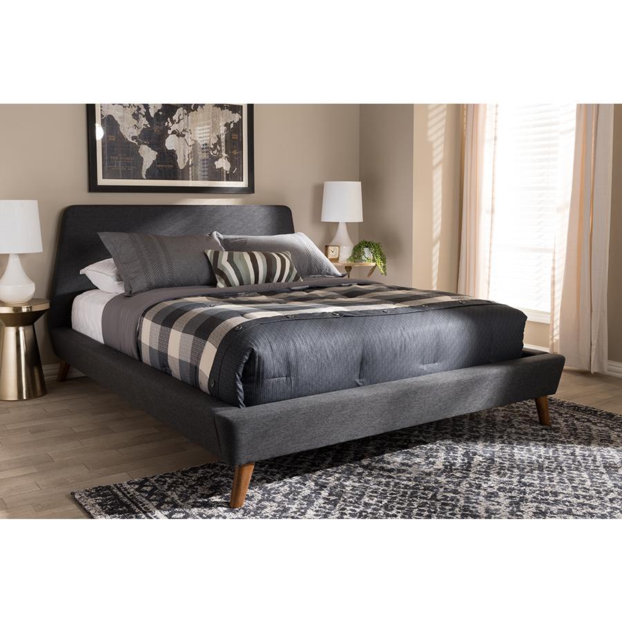 Dark Grey Fabric Upholstered Walnut-Finished Queen Sized Platform Bed. Picture 15