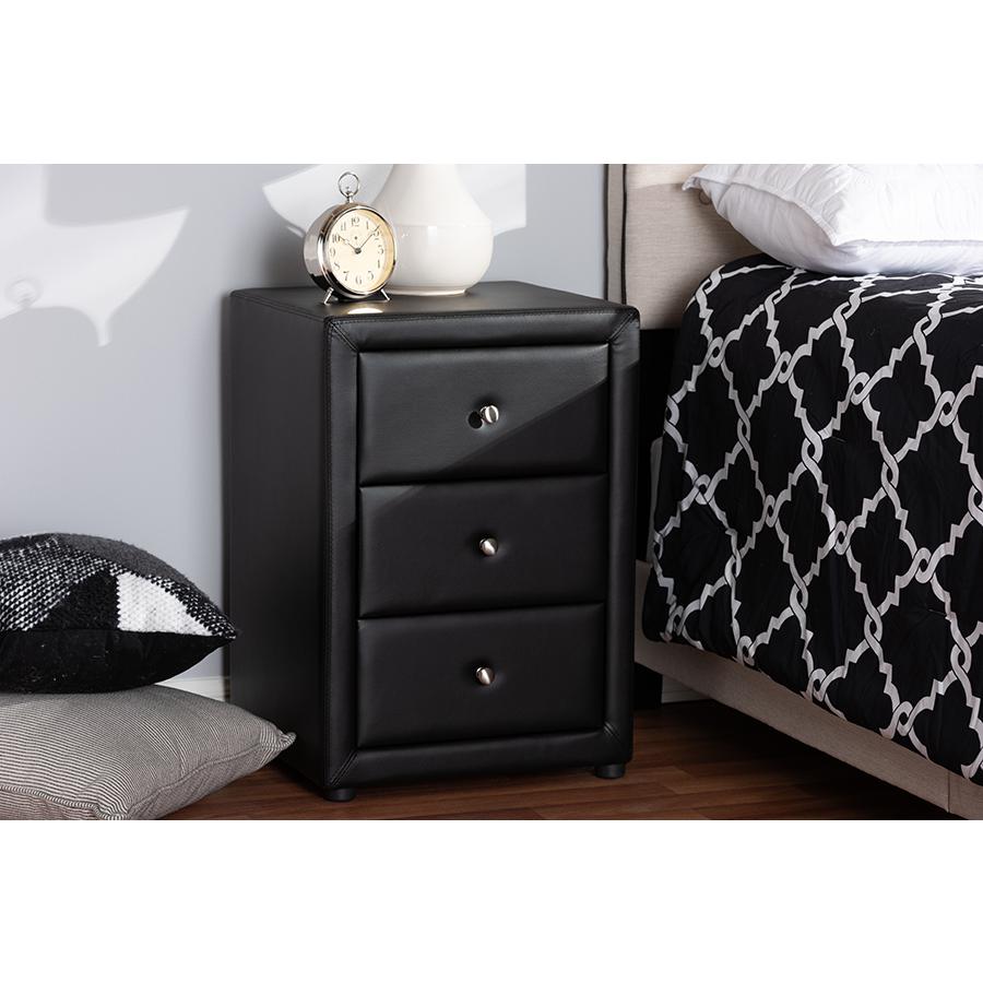 Tessa Modern and Contemporary Black Faux Leather Upholstered 3-Drawer Nightstand. Picture 19