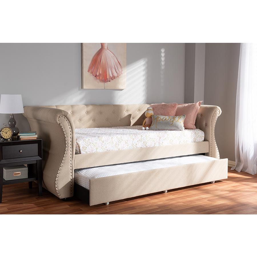 Cherine Classic and Contemporary Beige Fabric Upholstered Daybed with Trundle. Picture 23