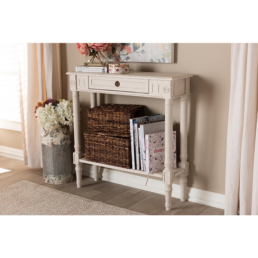 Ariella Country Cottage Farmhouse Whitewashed 1-Drawer Console Table. Picture 25