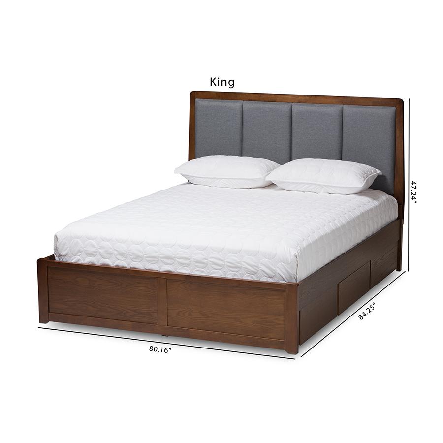 Dark Grey Fabric Upholstered Walnut Finished King Size Storage Platform Bed. Picture 12