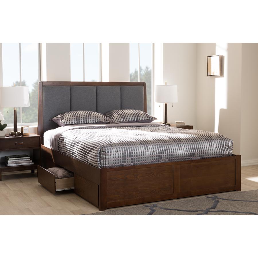 Dark Grey Fabric Upholstered Walnut Finished Queen Size Storage Platform Bed. Picture 25
