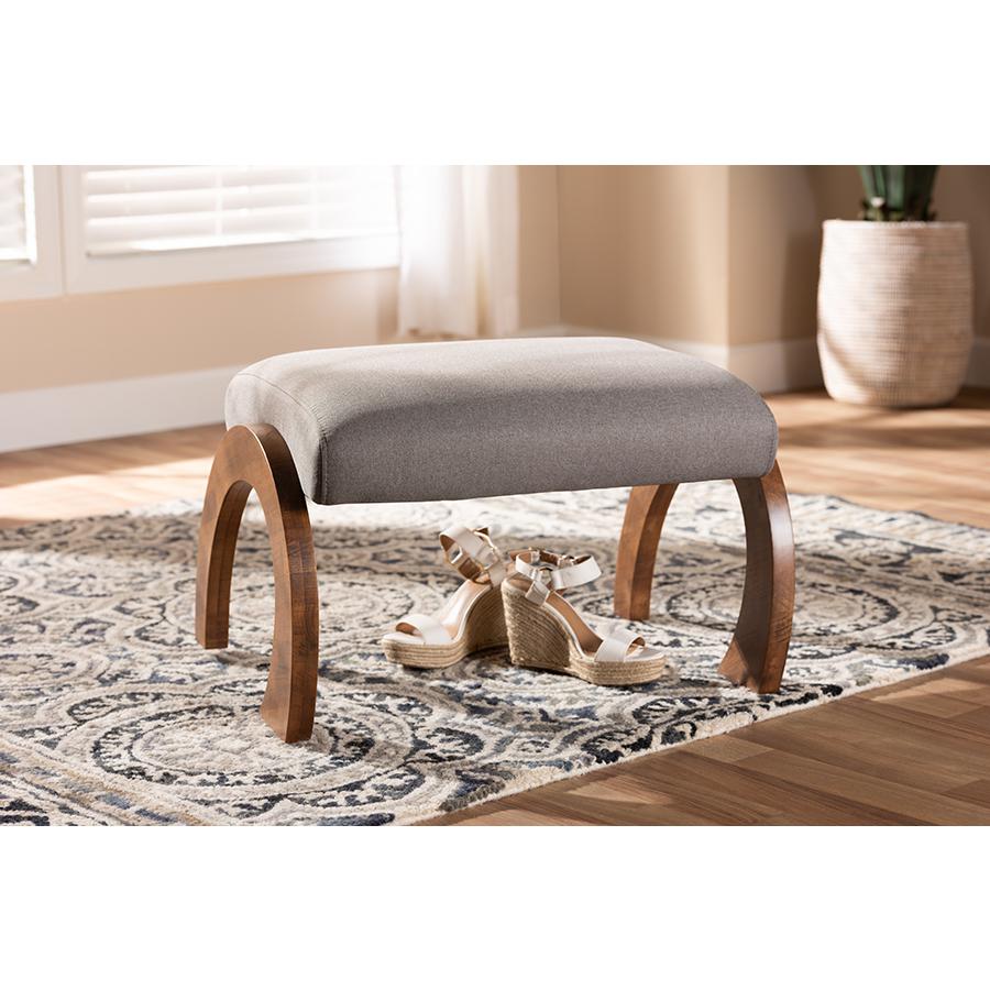 Grey Fabric Upholstered Walnut Brown Finished Wood Ottoman. Picture 15