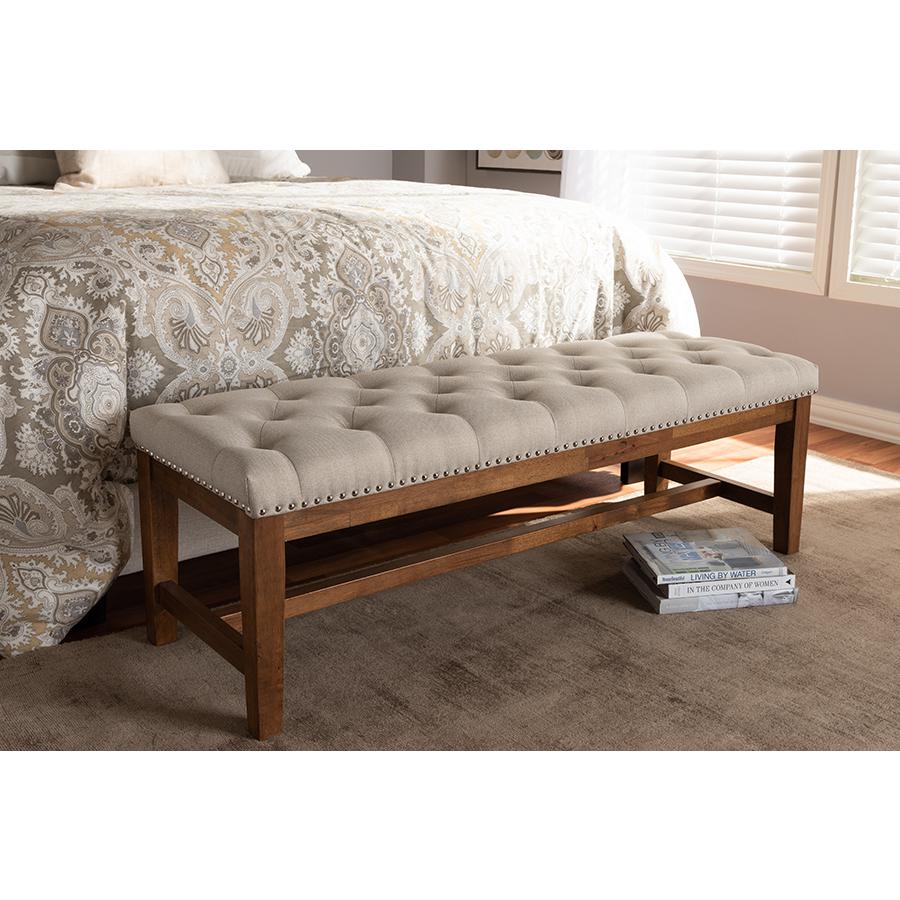 Light Beige Fabric Upholstered Walnut Finished Solid Rubberwood Bench. Picture 17