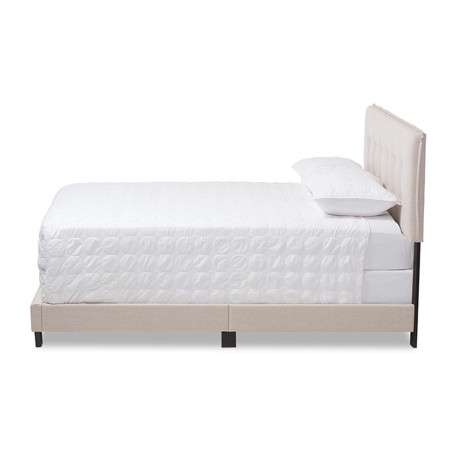 Audrey Modern and Contemporary Light Beige Fabric Upholstered Queen Size Bed. Picture 2