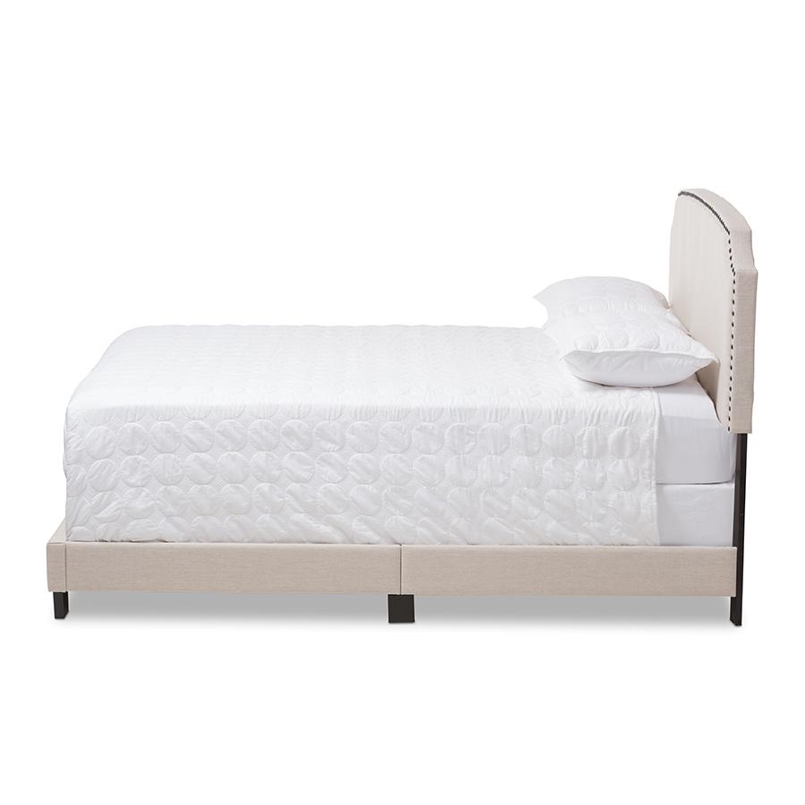 Odette Modern and Contemporary Light Beige Fabric Upholstered Queen Size Bed. Picture 2