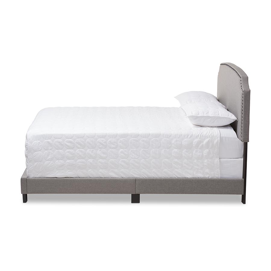 Odette Modern and Contemporary Light Grey Fabric Upholstered Queen Size Bed. Picture 2