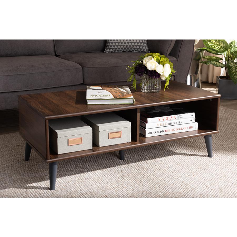 Pierre Mid-Century Modern Brown and Dark Grey Finished Wood Coffee Table. Picture 15