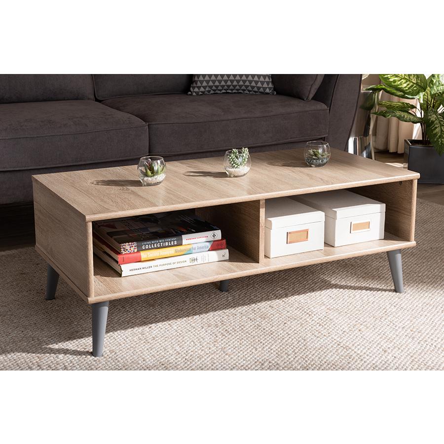 Pierre Mid-Century Modern Oak and Light Grey Finished Wood Coffee Table. Picture 15