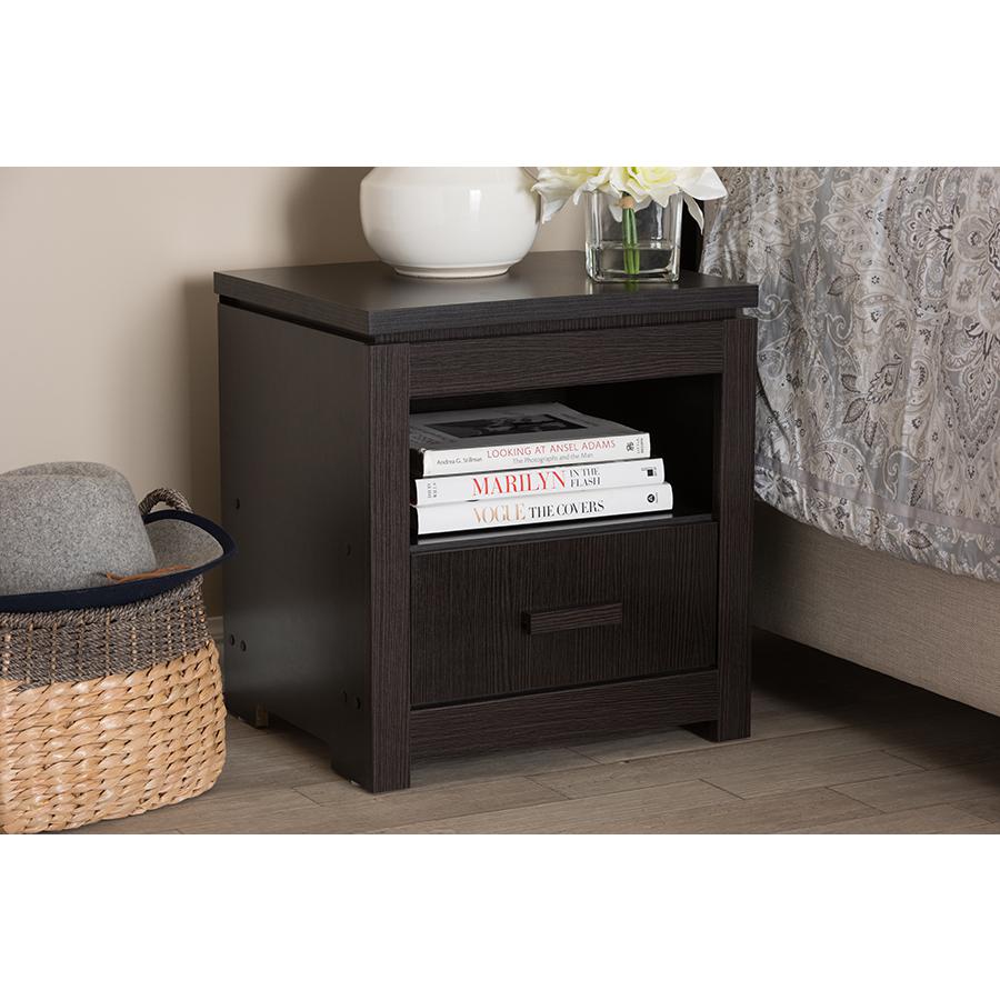 Bienna Modern and Contemporary Wenge Brown Finished 1-Drawer Nightstand. Picture 19