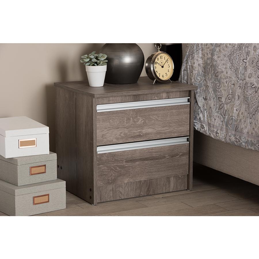 Gallia Modern and Contemporary Oak Brown Finished 2-Drawer Nightstand. Picture 19
