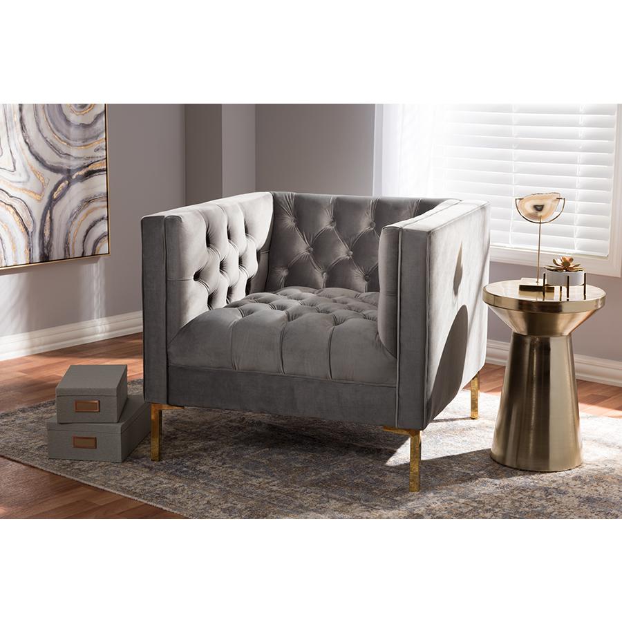 Zanetta Luxe and Glamour Grey Velvet Upholstered Gold Finished Lounge Chair. Picture 19