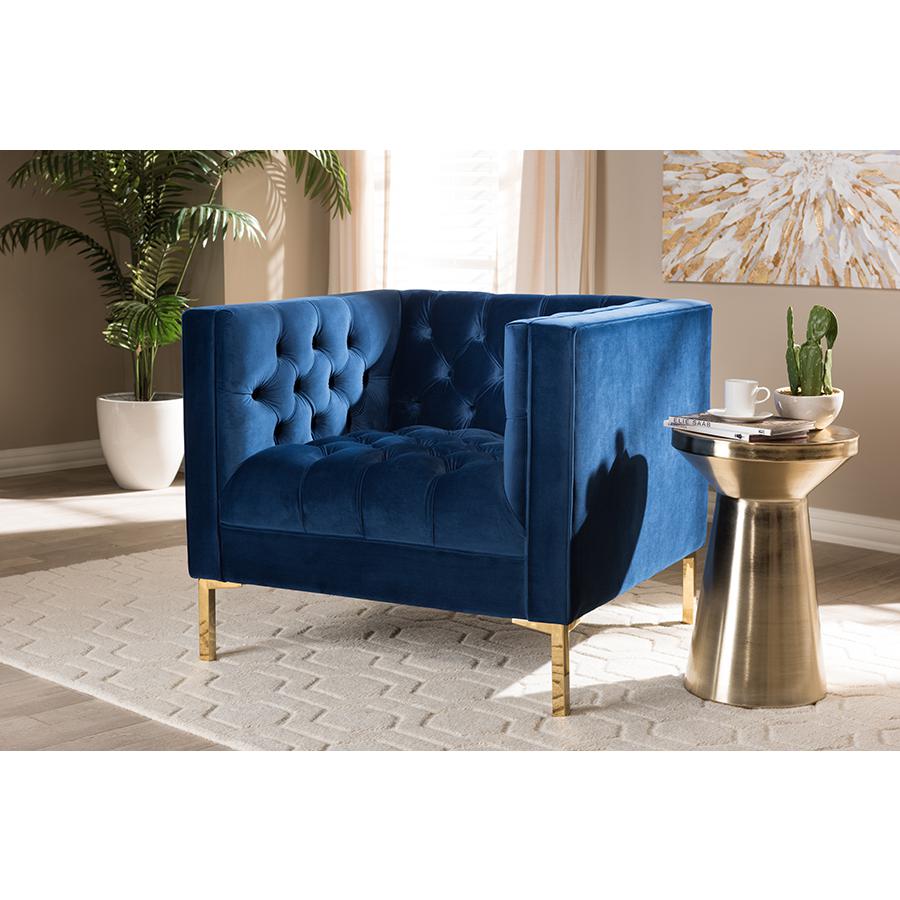 Zanetta Luxe and Glamour Navy Velvet Upholstered Gold Finished Lounge Chair. Picture 17