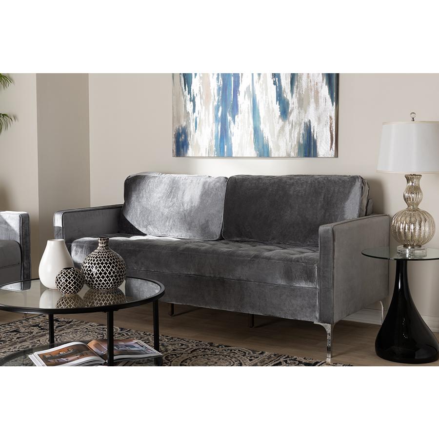 Clara Modern and Contemporary Grey Velvet Fabric Upholstered 3-Seater Sofa. Picture 15