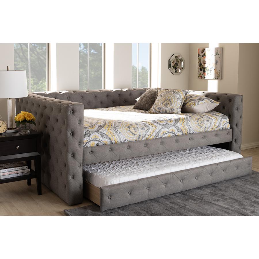 Anabella Modern and Contemporary Grey Fabric Upholstered Queen Size Daybed with Trundle. Picture 2