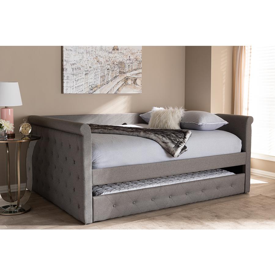 Grey Fabric Upholstered Queen Size Daybed with Trundle. Picture 8