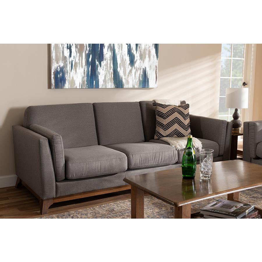 Sava Mid-Century Modern Grey Fabric Upholstered Walnut Wood 3-Seater Sofa. Picture 17