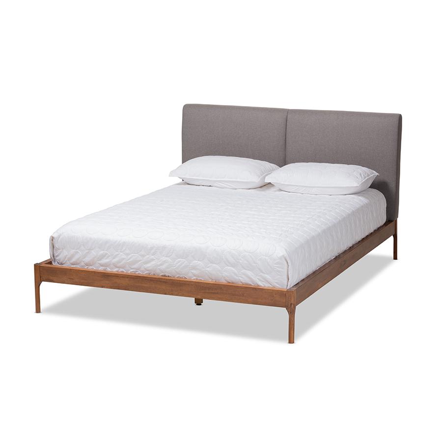 Aveneil Mid-Century Modern Grey Fabric Upholstered Walnut Finished King Size Platform Bed. Picture 1