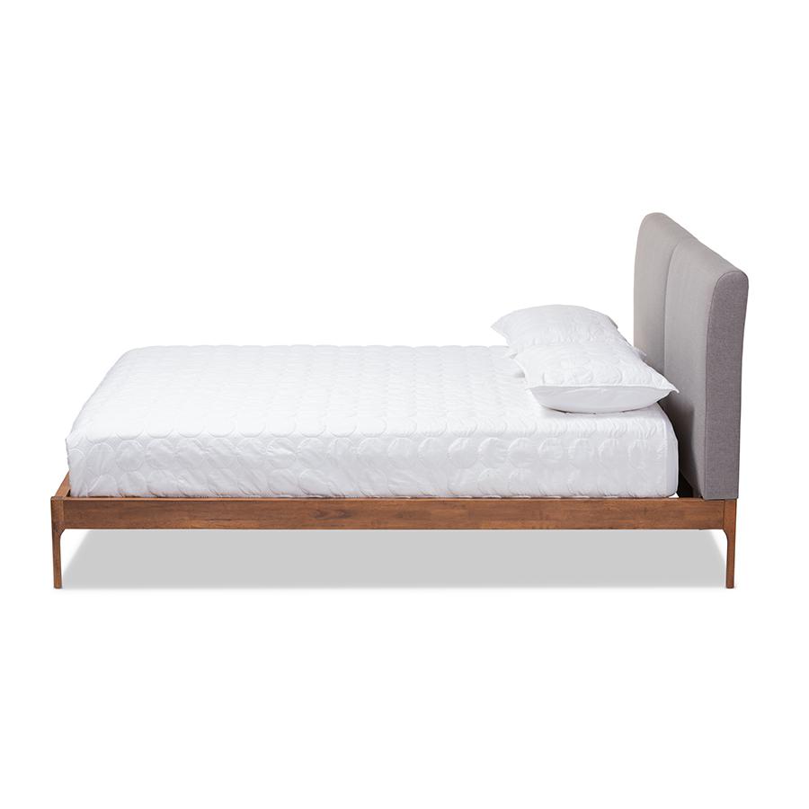 Aveneil Mid-Century Modern Grey Fabric Upholstered Walnut Finished King Size Platform Bed. Picture 2