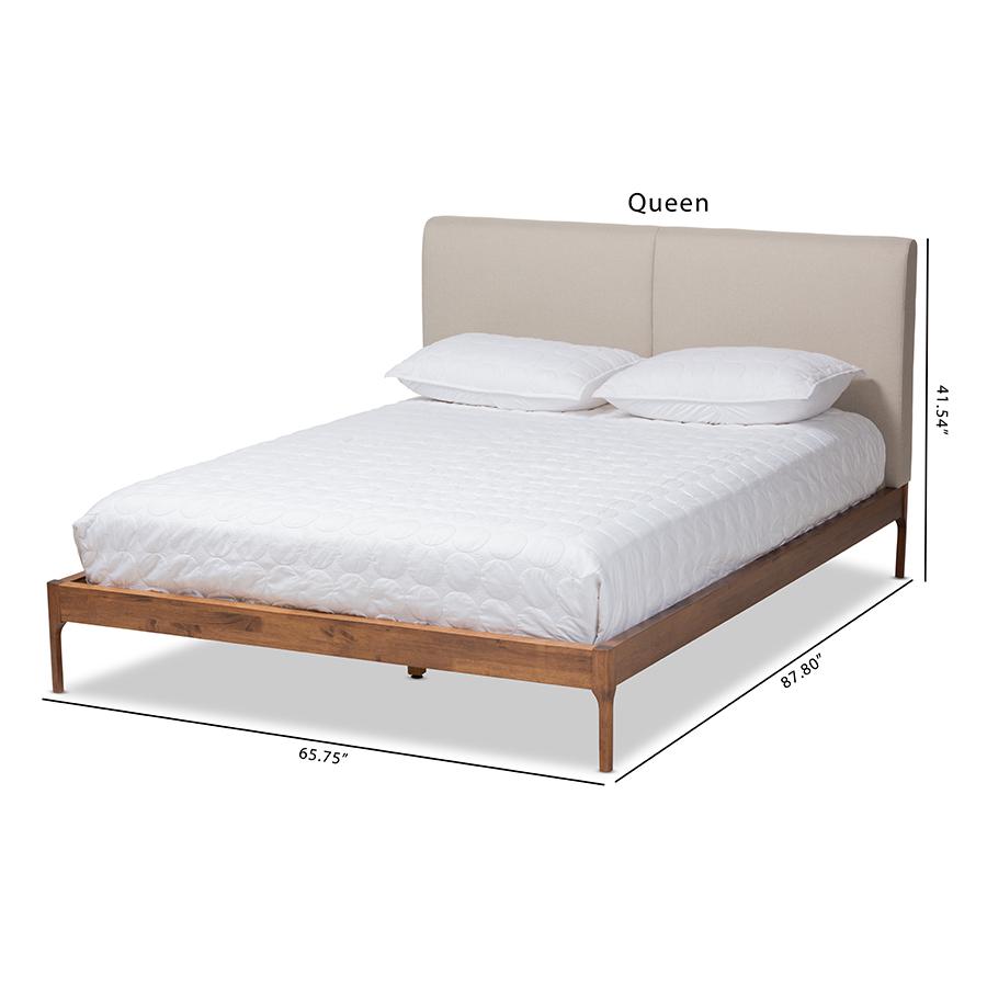 Beige Fabric Upholstered Walnut Finished Queen Size Platform Bed. Picture 9