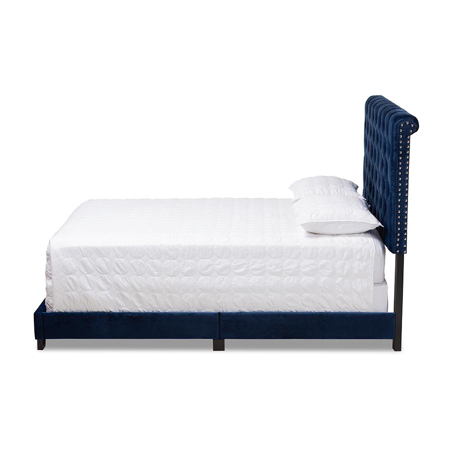 Candace Luxe and Glamour Navy Velvet Upholstered King Size Bed. Picture 2