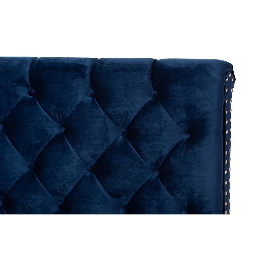 Candace Luxe and Glamour Navy Velvet Upholstered King Size Bed. Picture 4