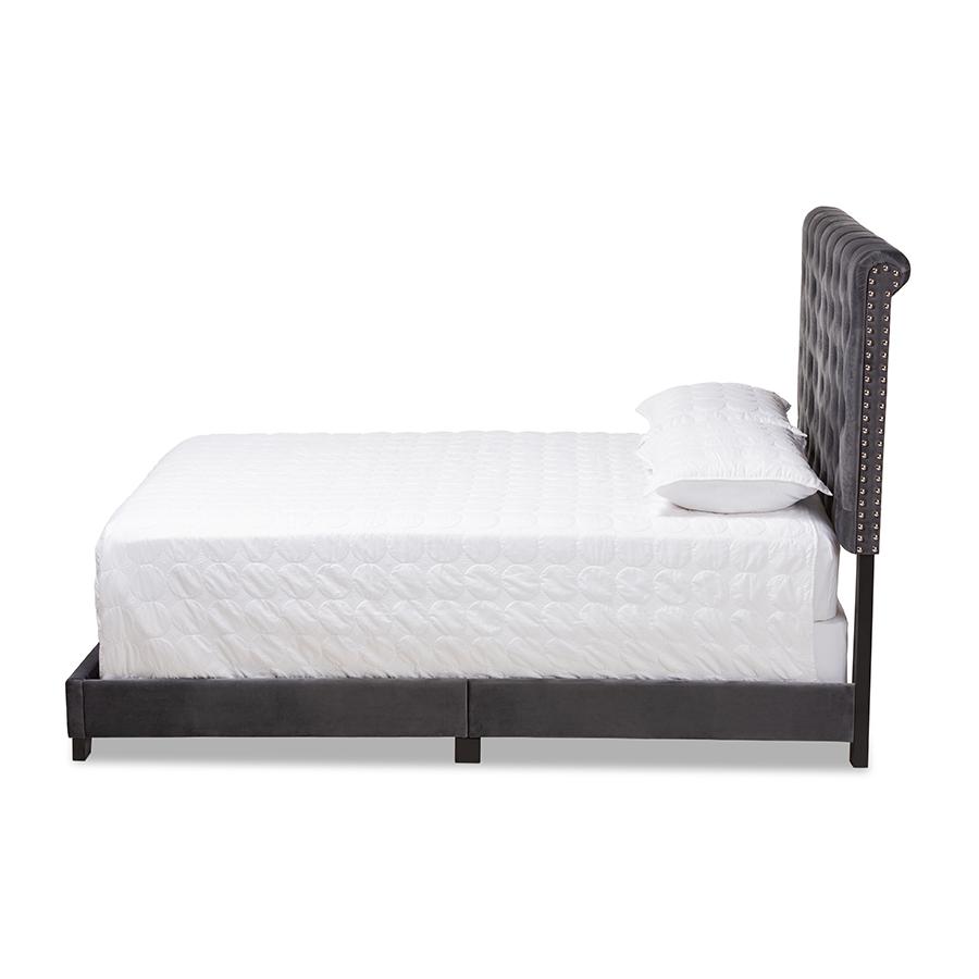 Candace Luxe and Glamour Dark Grey Velvet Upholstered King Size Bed. Picture 2