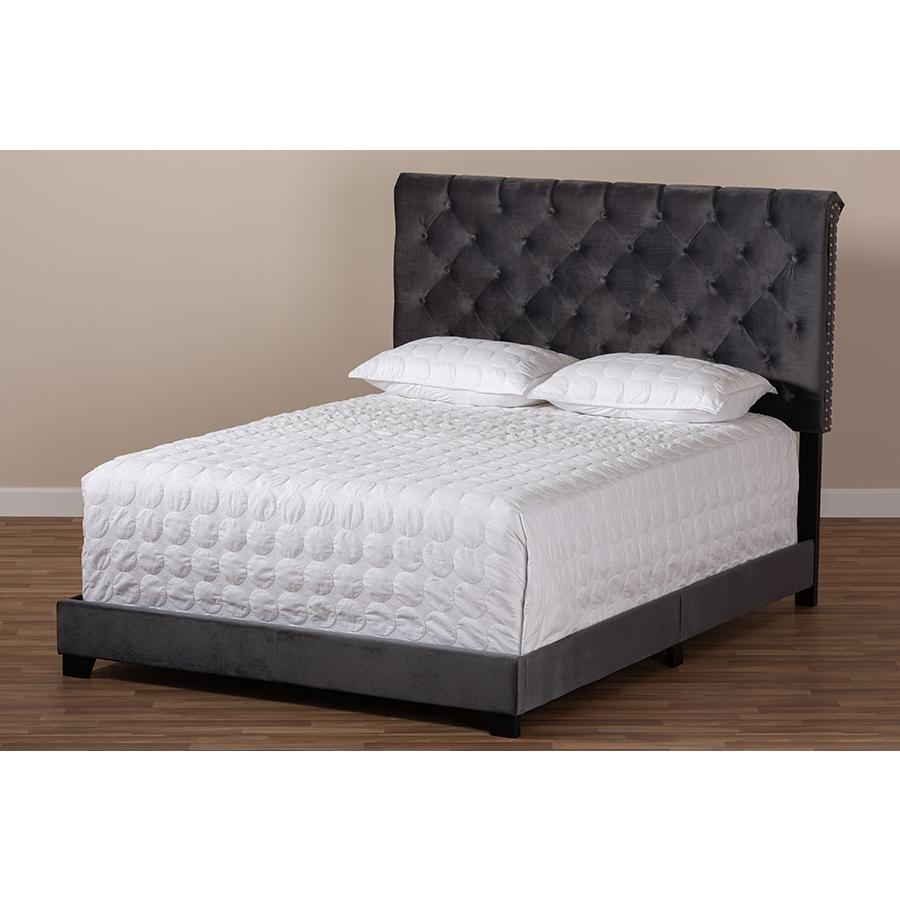 Candace Luxe and Glamour Dark Grey Velvet Upholstered Queen Size Bed. Picture 7