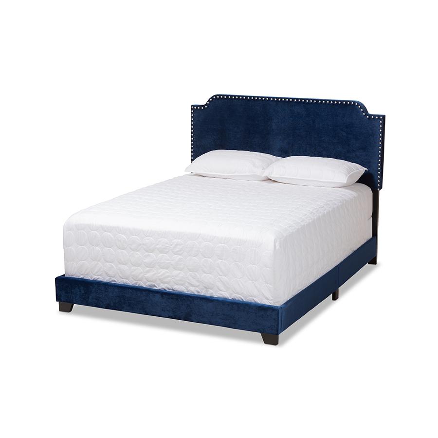 Darcy Luxe and Glamour Navy Velvet Upholstered King Size Bed. Picture 1