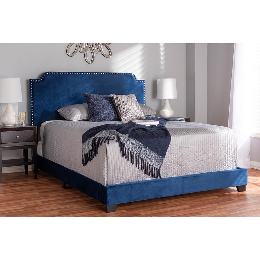 Darcy Luxe and Glamour Navy Velvet Upholstered King Size Bed. Picture 6