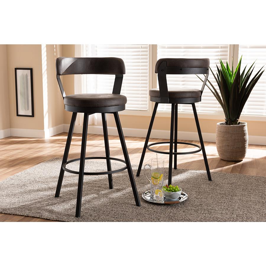 Arcene Rustic and Industrial Antique Grey Fabric 2-Piece Swivel Bar Stool Set. Picture 15