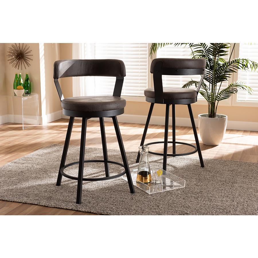 Arcene Rustic and Industrial Grey Fabric Upholstered 2-Piece Counter Stool Set. Picture 15